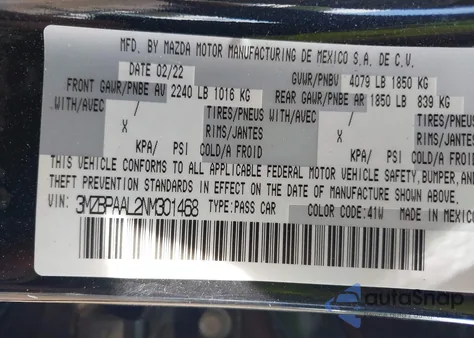 2022 Mazda Mazda3 2.5 S из США, поврежденный, VIN 3MZBPAAL2NM301468